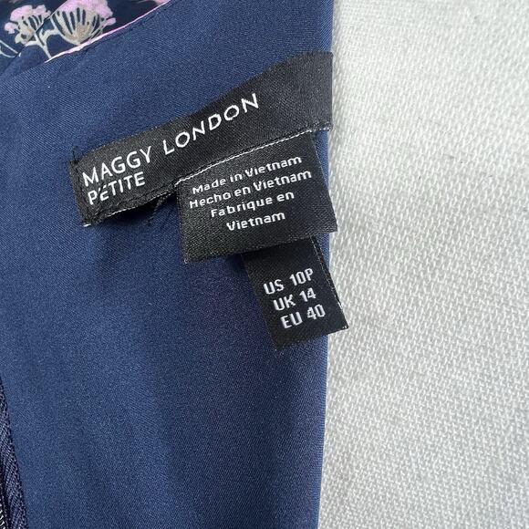 Maggy London Petite Women's Navy Blue Floral Satin Dress 10P Ruched Waist - Picture 9 of 14